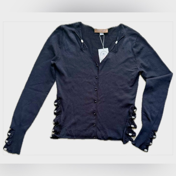 Italian Luxury Designer Roberta Scarpa Rhinestone Trim Black Knit Top Blouse - Picture 3 of 11